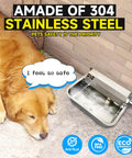 Slick Automatic Dog Water Dispenser With Hella Sturdy Two Gallon Stainless Steel Bowl For Indoor Outdoor Setup, dog resting nearby.