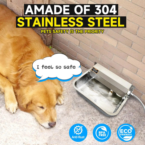 Slick Automatic Dog Water Dispenser With Hella Sturdy Two Gallon Stainless Steel Bowl For Indoor Outdoor Setup, dog resting nearby.