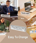 Collage showing Acrylic Desk Name Plate Holder For Office 2x8 Inch Double Sided Block Clear Table Sign with name, title, motto, logo.