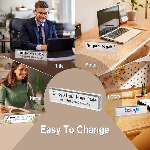 Collage showing Acrylic Desk Name Plate Holder For Office 2x8 Inch Double Sided Block Clear Table Sign with name, title, motto, logo.