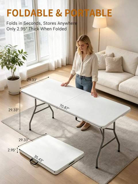 Woman setting up Six Foot Folding Camping Table With 350 Lb Capacity Portable Outdoor Picnic Desk in living room, 71 x 29 inches