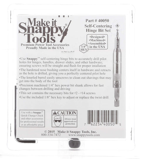 Front view of Make it Snappy Tools 5pc self-centering hinge bit set in package for cabinet hinges.