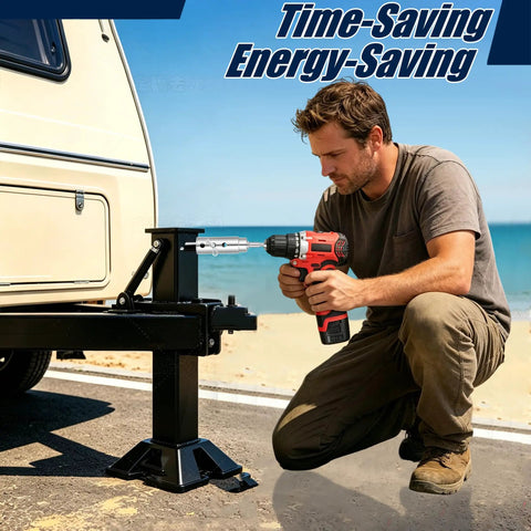 Man using cordless drill adapter on trailer jack, Get Rid Of The Arm Busting Lazy Crank On Your Top Wind Trailer Jack And Switch