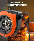 Retractable 75 Ft Heavy Duty Extension Cord Reel With 14/3C SJTOW Cable built tough, wall-mounted, 10A circuit breaker visible.