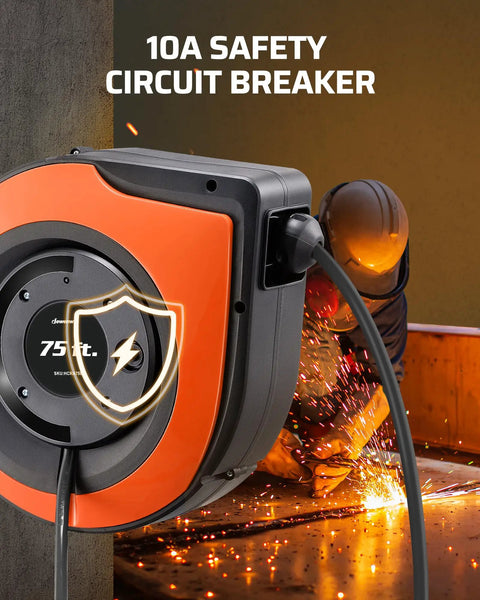 Retractable 75 Ft Heavy Duty Extension Cord Reel With 14/3C SJTOW Cable built tough, wall-mounted, 10A circuit breaker visible.
