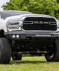 N3 Dual Steering Stabilizer For 2014 To 2024 Ram 2500 And 3500 4WD visible on lifted Ram truck front angle view