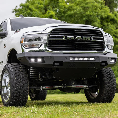N3 Dual Steering Stabilizer For 2014 To 2024 Ram 2500 And 3500 4WD visible on lifted Ram truck front angle view