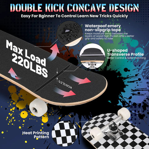 Close-up of Beginner Friendly 31x8 Skateboard Deck with double kick, checkerboard style, 220 lbs capacity, and concave design.