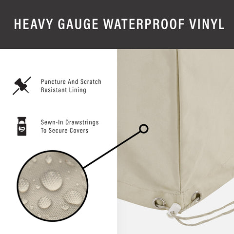 Heavy-Duty Outdoor Chair Covers Four-Piece Set Waterproof Tan For Patio And Backyard All-Weather Protection Against Sun Rain Snow Dirt Sap And More, detail of waterproof vinyl and drawstrings