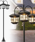 76 Inch Black Solar Lamp Post Light With Three Heads, Waterproof Outdoor Street Lamp For Backyard Garden Driveway And Lawn