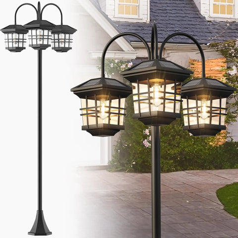 76 Inch Black Solar Lamp Post Light With Three Heads, Waterproof Outdoor Street Lamp For Backyard Garden Driveway And Lawn