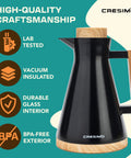 Vacuum Insulated Thermal Carafe 34 Oz Keeps Coffee Hot for 12 Hours with Glass Wall and Beech Wood Accents