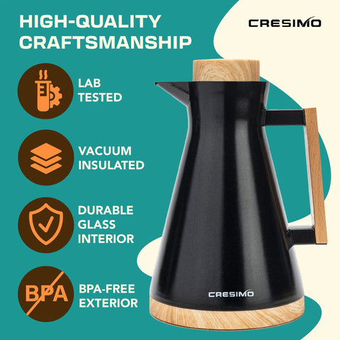 Vacuum Insulated Thermal Carafe 34 Oz Keeps Coffee Hot for 12 Hours with Glass Wall and Beech Wood Accents