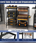 Power Tool Organizer Cart With Charging Power Strip, 28 Drill Storage Racks On Wheels, Heavy Duty Tool Station For Garage And Home