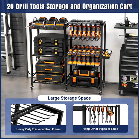 Power Tool Organizer Cart With Charging Power Strip, 28 Drill Storage Racks On Wheels, Heavy Duty Tool Station For Garage And Home