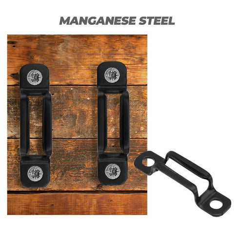 Legit Solid Furniture Connectors And Heavy Duty Hidden Fastener Clip Kit For Seamless Shelf Assembly Black Manganese Steel panel joiners on wooden background.
