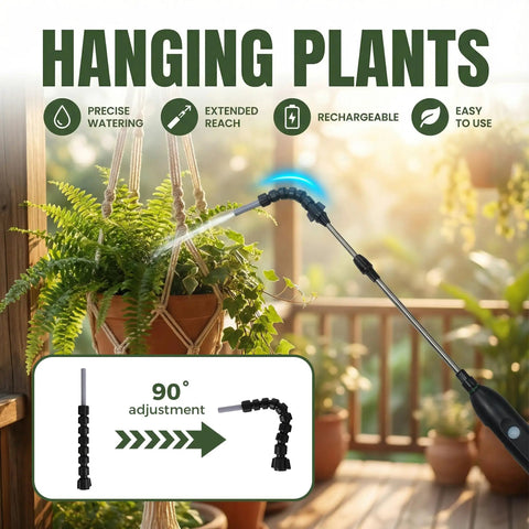 Rechargeable Cordless High Reach Plant Waterer With Telescoping Wand watering hanging basket on balcony