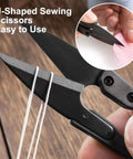 Close-up of u-shaped sewing scissors cutting thread, with an inset of cutting fabric, labeled 'U-Shaped Sewing Scissors Easy to Use'.