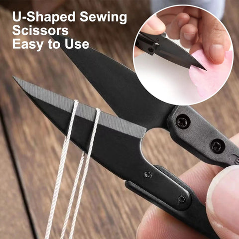 Close-up of u-shaped sewing scissors cutting thread, with an inset of cutting fabric, labeled 'U-Shaped Sewing Scissors Easy to Use'.