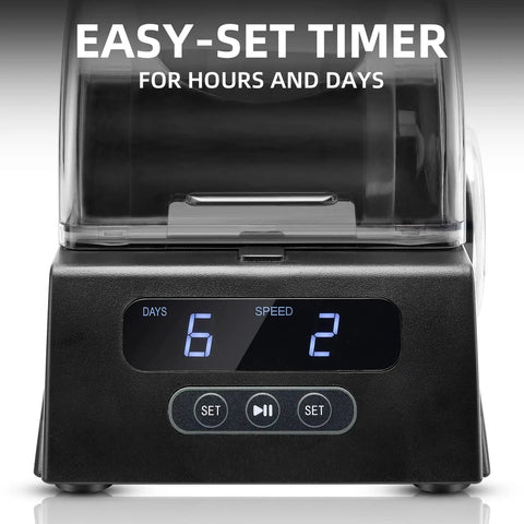 Rock Tumbler Kit With Quiet Polisher And Noise Reduction Cover Speed And Timer Control close-up of digital timer display.