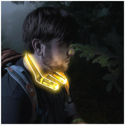 Person wearing rechargeable LED neck light, illuminating path in dark forest, showing hands free work light for mechanics campers hunters and DIY fans rugged water resistant neck light with nine hours runtime per charge USB cable included and four brightness modes for reading and projects.