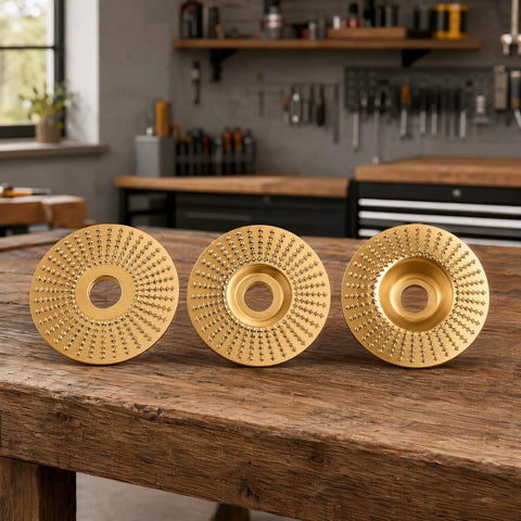 Three Piece Wood Carving Disc Kit For Angle Grinders Four Inch And Four Point Five Inch Tungsten Carbide Cutting Wheels on table