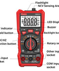 Front view of 6000 Counts Digital Multimeter Auto Ranging TRMS with labeled buttons and features for DIYers and pros.
