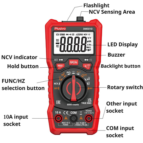 Front view of 6000 Counts Digital Multimeter Auto Ranging TRMS with labeled buttons and features for DIYers and pros.