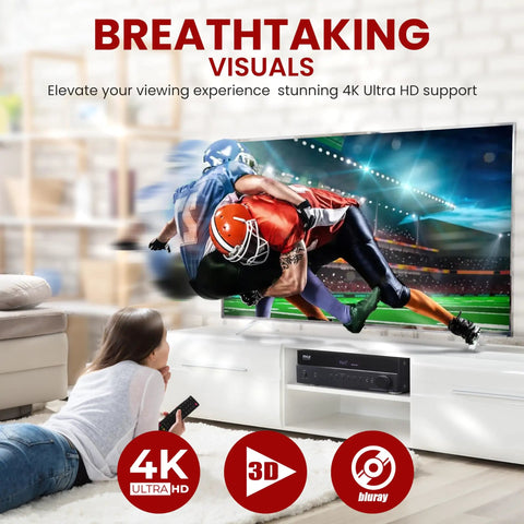 Person watching football on TV with 5.2 Channel Hi Fi Home Theater Receiver With 1000W Peak Power Wireless Bluetooth 4K Ultra HD Pass Through MP3 USB DAC Immersive Surround Sound Amplifier For Movie Nights And Party Vibes setup