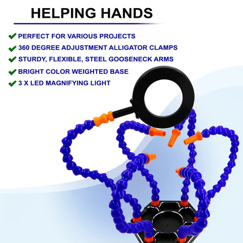 Five Arm Helping Hands With Led Magnifier For Electronics Soldering And PCB Workbench Organizer, Non Slip Weighted Stand