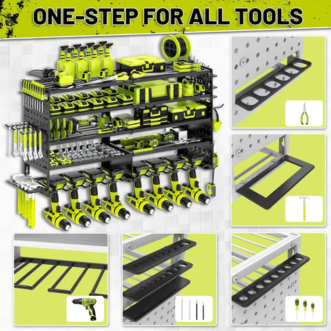 Heavy Duty Five Layer Power Tool Organizer Wall Mount With Eight Drill Holders And Cordless Tool Hanger Storage Rack For Workshop Garage Shed Pegboard Black Finish showing tool arrangement.