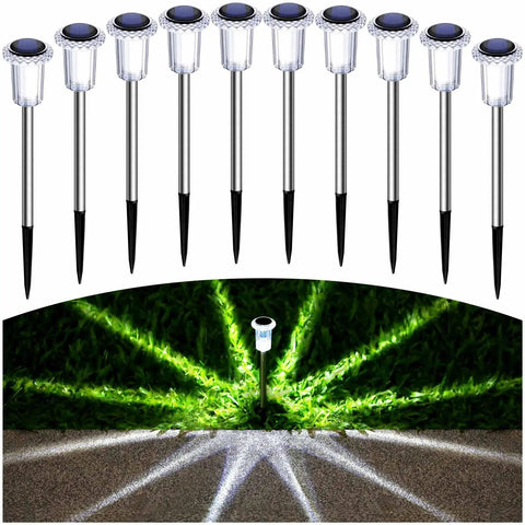 Solar Pathway Lights 10 Pack Outdoor Waterproof LED Stainless Steel Stakes illuminating lawn with cold white light.
