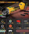 Cordless 4.5 Inch Angle Grinder With Brushless Motor And LED 3 Speed Settings 20V Max Battery Compatible, accessories shown