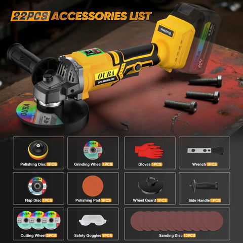 Cordless 4.5 Inch Angle Grinder With Brushless Motor And LED 3 Speed Settings 20V Max Battery Compatible, accessories shown