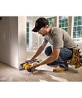 Person using 20V Cordless Angled 16 Gauge Finish Nailer Tool Only, Brushless Motor, Battery Powered No Compressor Required for trim work