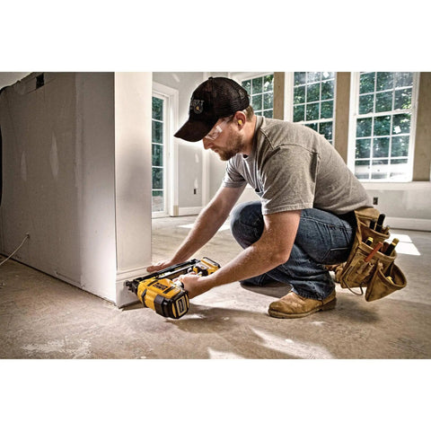 Person using 20V Cordless Angled 16 Gauge Finish Nailer Tool Only, Brushless Motor, Battery Powered No Compressor Required for trim work