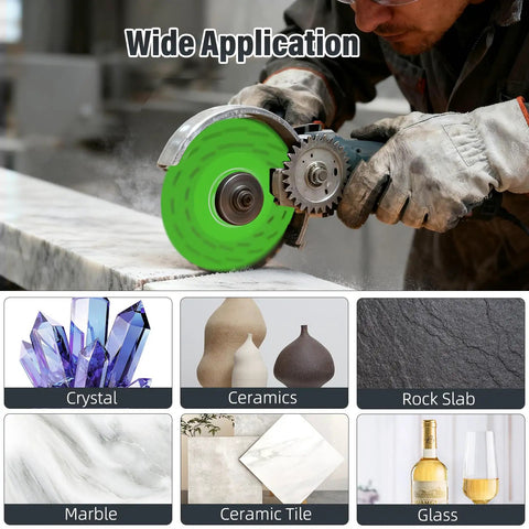 Person using 5-Piece 4.5 Inch Glass Cutting Discs For Angle Grinder Ultra-Thin Diamond Saw Blades on marble slab