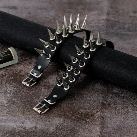 Kickin Punk Rock Leather Cuff Bracelet, Dope Gothic Steampunk Wristband with sharp metal spikes and rivets.