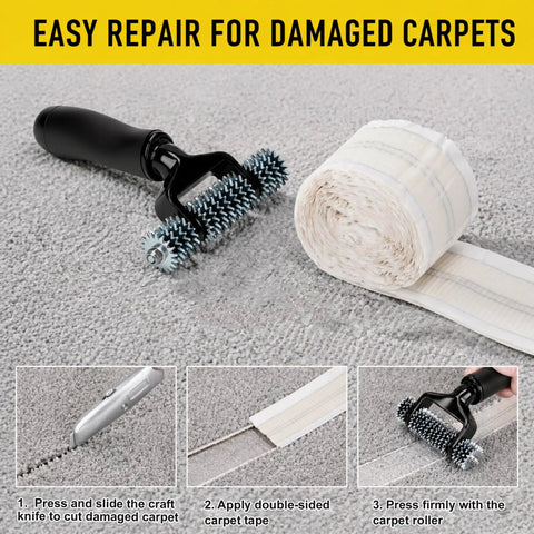 Upgraded Carpet Patch Repair Kit With Strong Double Sided Seam Tape For Living Room Hard Surfaces Super Effortless No Sweat Home Maintenance Quick Fix Solutions All In One displaying carpet roller and adhesive tape.
