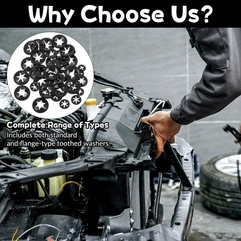 Internal Tooth Star Lock Washers 50 Pcs Set In 5 Sizes With Push On Speed Clips Built To Last Carbon Steel With Black Anodized Finish For Strong Spring Tension And Secure Fastening, used in engine bay repair