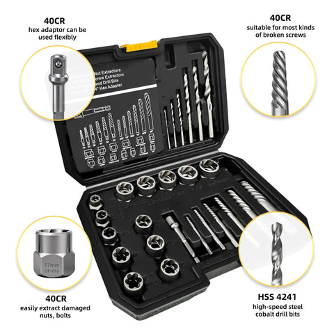 26 Piece Bolt And Screw Extractor Set With Hex Adapters And HSS Drill Bits Heavy Duty Easy Out Kit for Bustin Stripped Damaged Rusted Bolts And Nuts Now, open case with tools