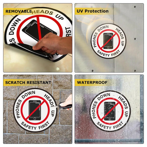 Heads Up Safety Floor Decals 12 Inch Vinyl Self Adhesive Waterproof Sign For Office And Warehouse 10 Pack High Visibility Yellow Warning Stickers For Foot Traffic And Equipment Safety, peel-up view