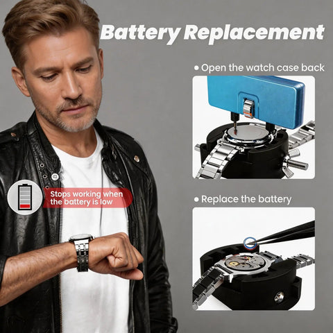 Man using All In One Watch Repair Kit For Battery Replacement With 5 In 1 Precision Screwdriver set for battery change.