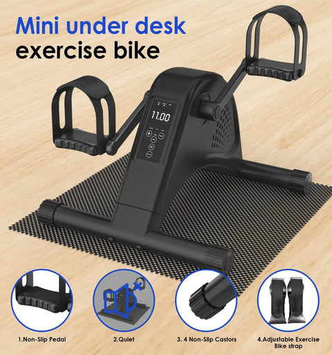 Compact Under Desk Pedal Exerciser For Seniors With 12 Level Electric Mini Bike And LCD Display shown on mat with features