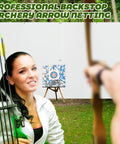 5x5 Ft Archery Backstop Netting Arrow Catcher For Bow Training with archer aiming at target, heavy duty for 45 lbs bows