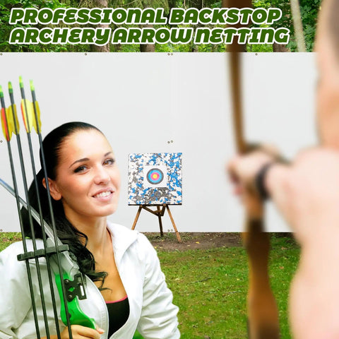 5x5 Ft Archery Backstop Netting Arrow Catcher For Bow Training with archer aiming at target, heavy duty for 45 lbs bows