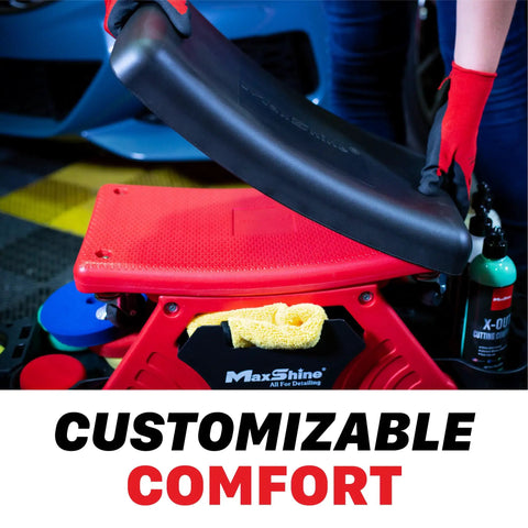 2 In 1 Modular Detailing Creeper Seat With Cushion And Tool Tray, red seat in garage setting with cleaning supplies