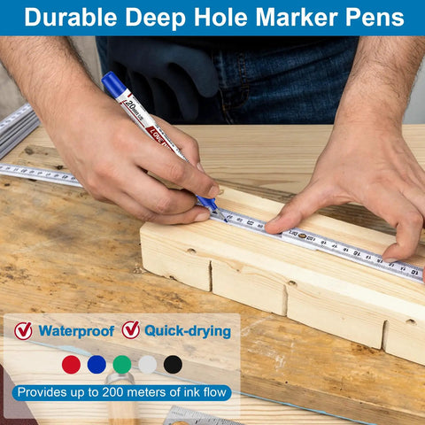 Person using Ten Pack Pro Grade Long Nib Marker With 20mm Nib For Deep Hole Marking Waterproof Construction Pen on wood