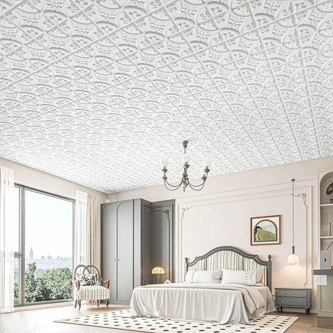 Elegant bedroom with 2x2 Drop Ceiling Tiles 12 Pack PVC Glue Up Panels White Traditional Style Durable Ceiling Tiles