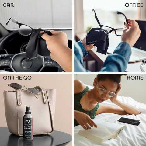 MagicFiber Glasses Cleaner Kit with 2 sprays and 2 microfiber cloths; car, office, on-the-go, home uses.